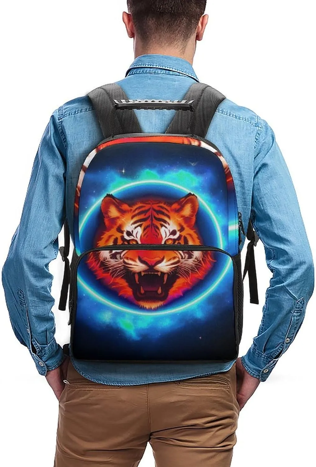 Lightweight Daypack Backpack for Sports Travel Running - Large Capacity Multipurpose Anti-Theft Bookbag, Space Tiger Psychedelic Blue Fire Art Laptop Backpack Daypack