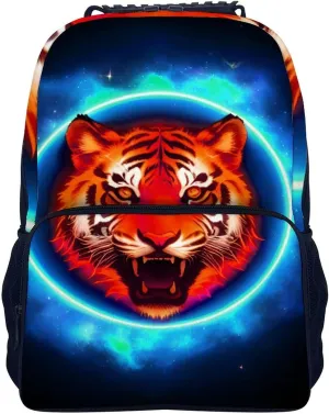 Lightweight Daypack Backpack for Sports Travel Running - Large Capacity Multipurpose Anti-Theft Bookbag, Space Tiger Psychedelic Blue Fire Art Laptop Backpack Daypack
