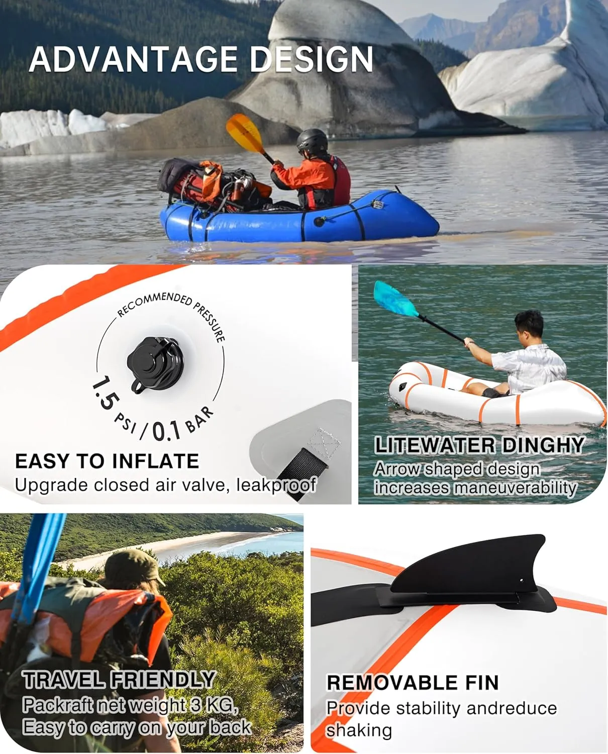 Lightweight Packraft TPU - Inflatable Kayak for Adults & Kids, Durable, Compact, Rapid Inflate, for Flat Water Rafting, Bicycle Drifting, Litewater Dinghy
