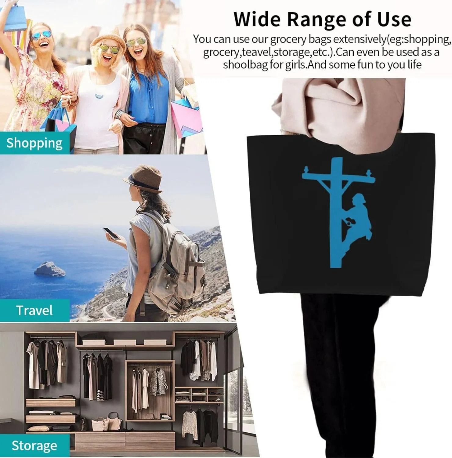 Lineman On A Pole Statue Women's Lightweight Canvas Handbag Waterproof Reusable Shopping Bag