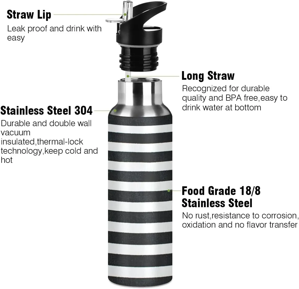 linqin Black and White Stripes Stainless Steel Insulated Water Bottle with Straw, BPA Free Leakproof Reusable Drink Jug for Fitness Sports Hiking Outdoors