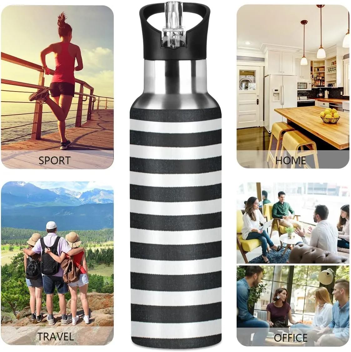 linqin Black and White Stripes Stainless Steel Insulated Water Bottle with Straw, BPA Free Leakproof Reusable Drink Jug for Fitness Sports Hiking Outdoors