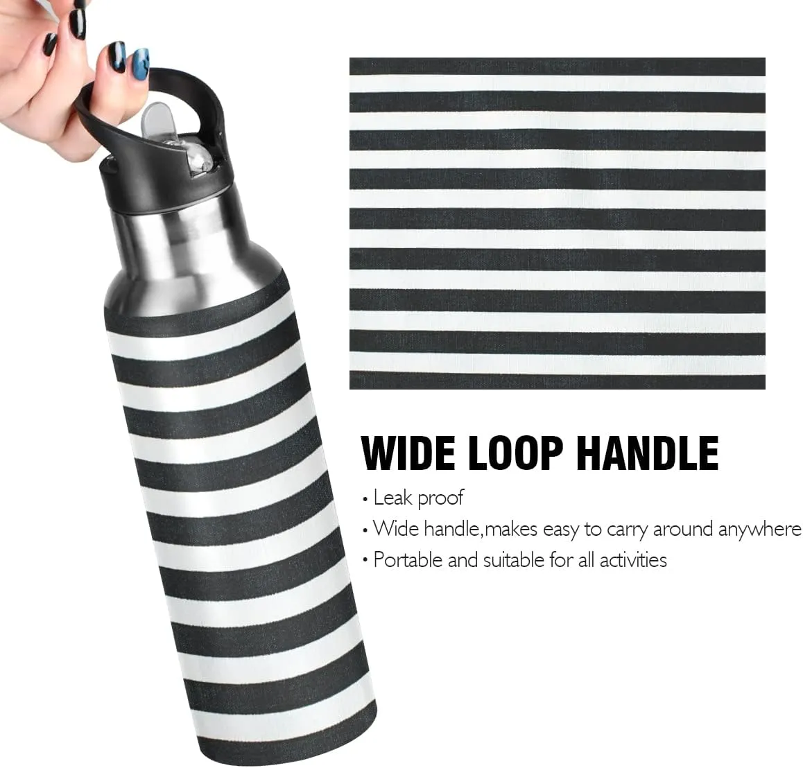 linqin Black and White Stripes Stainless Steel Insulated Water Bottle with Straw, BPA Free Leakproof Reusable Drink Jug for Fitness Sports Hiking Outdoors