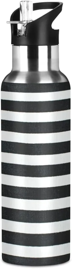linqin Black and White Stripes Stainless Steel Insulated Water Bottle with Straw, BPA Free Leakproof Reusable Drink Jug for Fitness Sports Hiking Outdoors