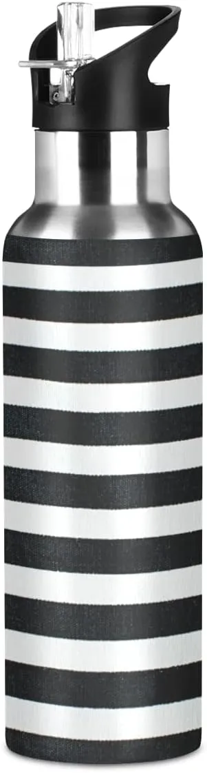 linqin Black and White Stripes Stainless Steel Insulated Water Bottle with Straw, BPA Free Leakproof Reusable Drink Jug for Fitness Sports Hiking Outdoors