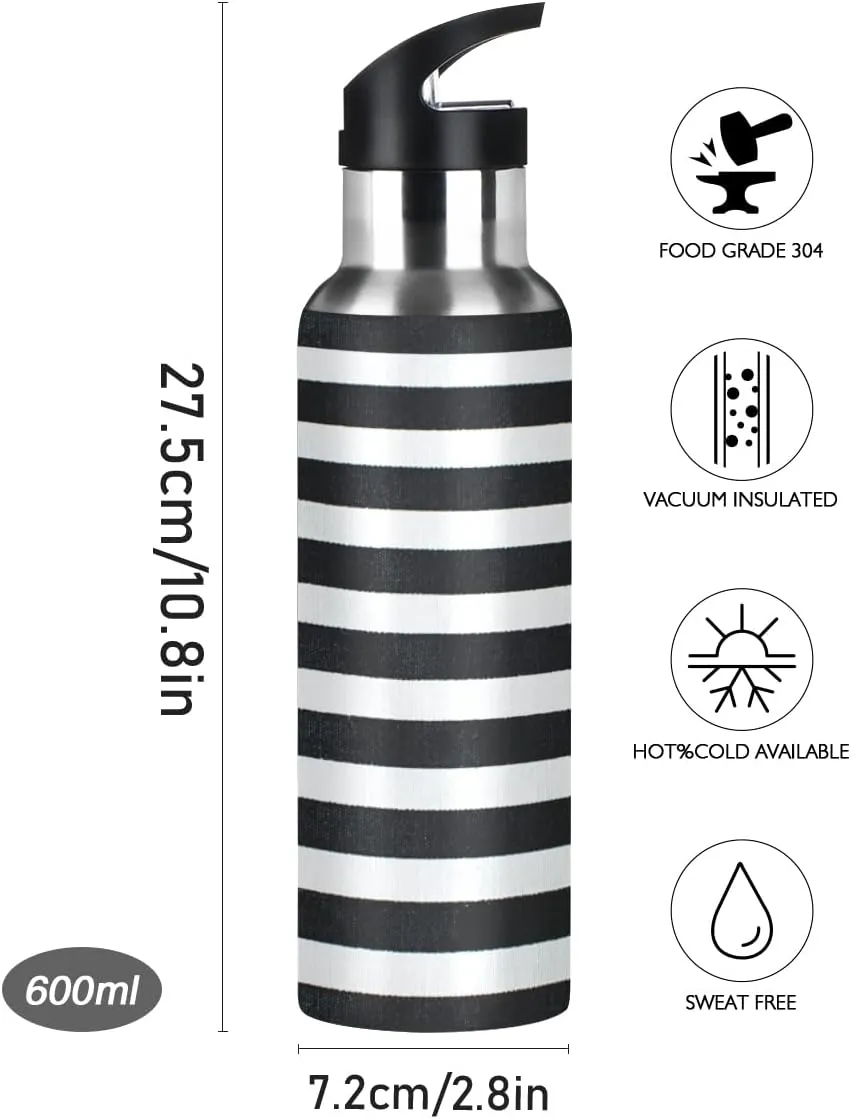 linqin Black and White Stripes Stainless Steel Insulated Water Bottle with Straw, BPA Free Leakproof Reusable Drink Jug for Fitness Sports Hiking Outdoors