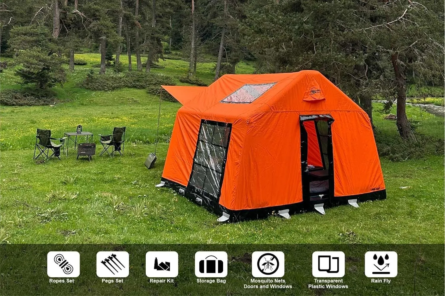 London Family Inflatable Tent - Luxury 8-10 Person Waterproof Camping Tent with Panoramic Windows, Sunroof, and Stove Jack for Winter and Summer Glamping