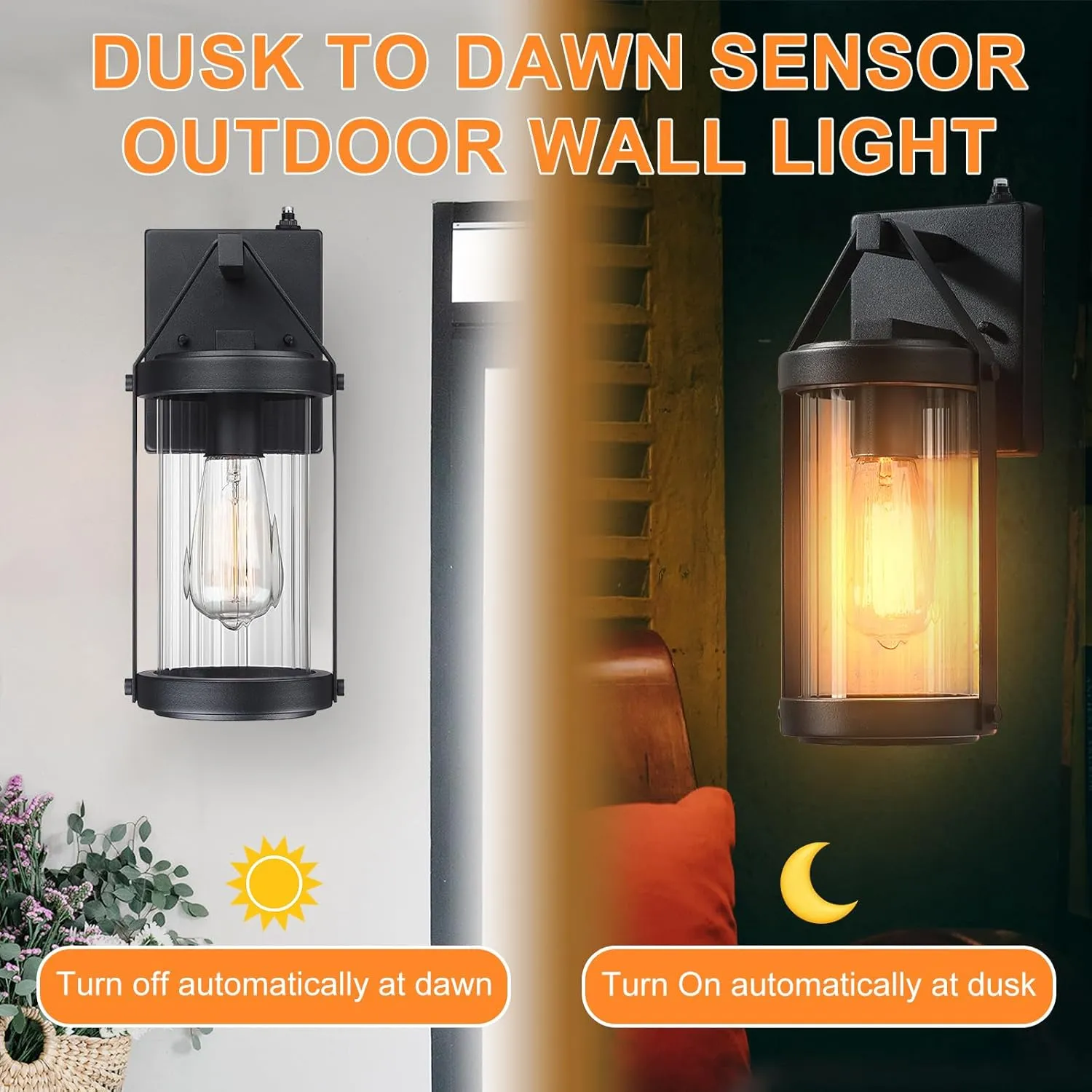 LONEDRUID 2 Pack Dusk to Dawn Sensor Outdoor Wall Sconce Lighting Black Exterior Porch Lantern Waterproof Outside Garage Light Fixtures Wall Mount for House Patio Entryway