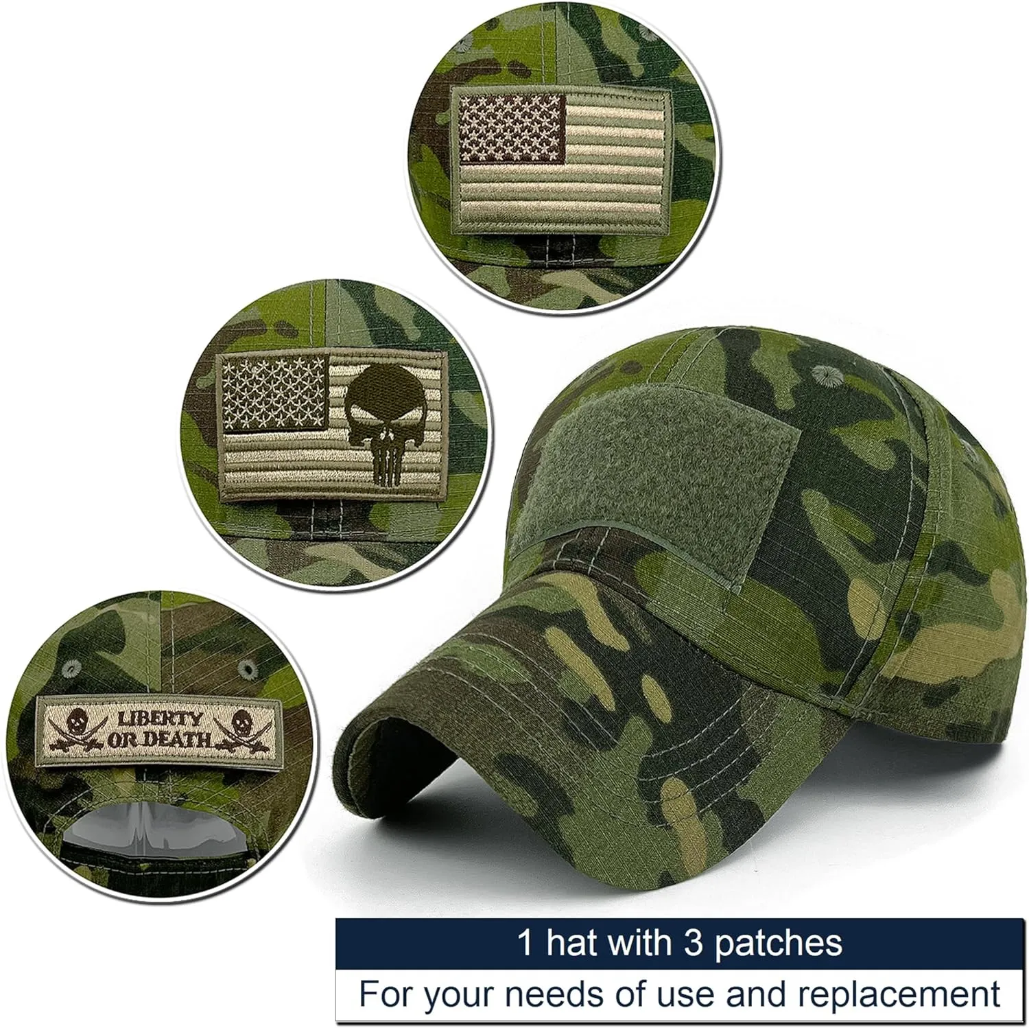 Loneshark Tactical Military Mens Camo Baseball Hat with American Flag Skull Patch Patriotic Operator Camouflage Cap for Women