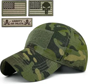 Loneshark Tactical Military Mens Camo Baseball Hat with American Flag Skull Patch Patriotic Operator Camouflage Cap for Women
