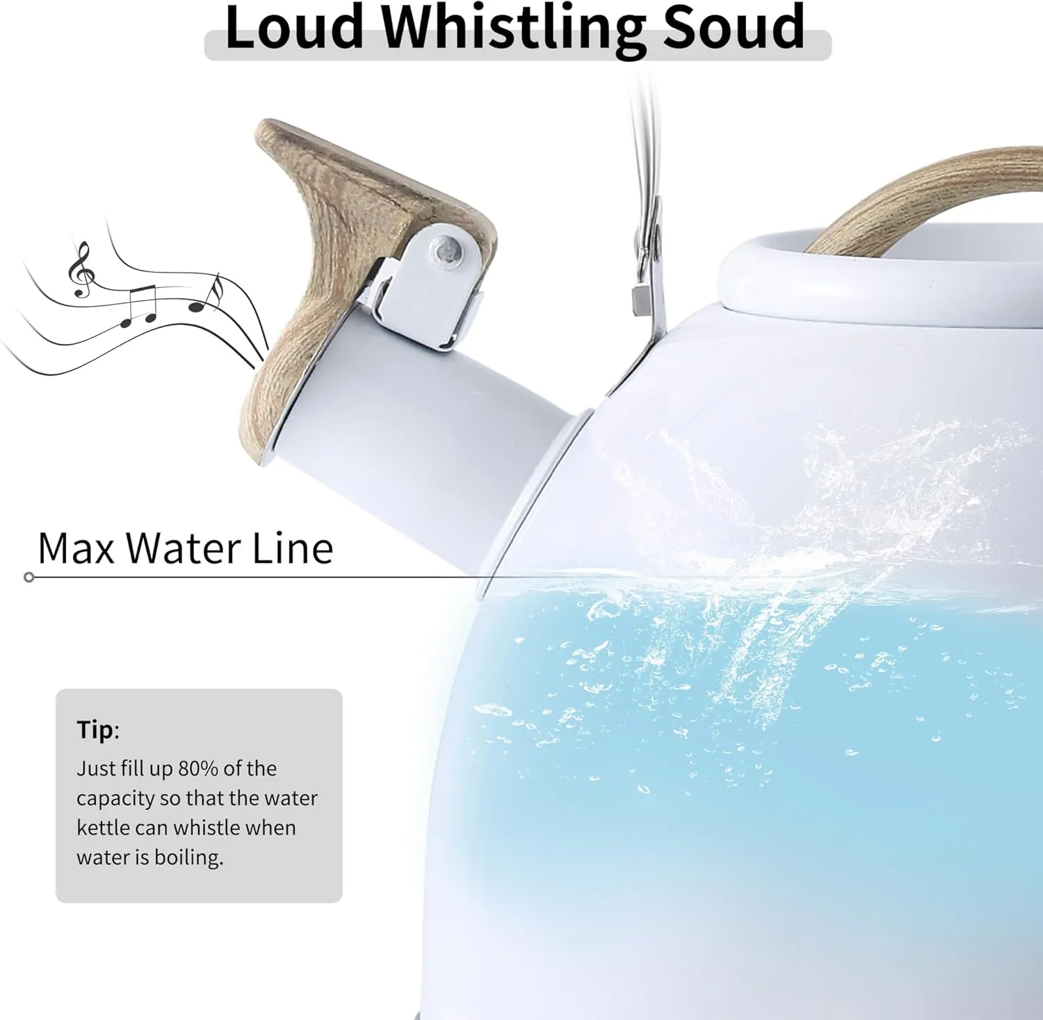 LONFFERY Tea Kettle for Stove Top, 3.2 Quart Whistling Tea Kettle, Food Grade Stainless Steel and Wood Pattern Folding Handle, White