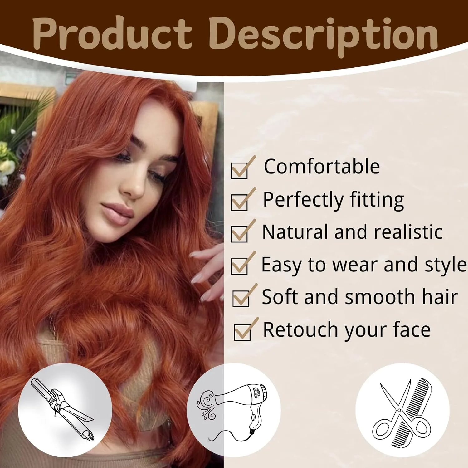 Long Auburn Wig for Women 26 Inch Middle Part Wavy Women Charming Wigs Realistic Natural Looking Synthetic Heat Resistant Fiber Hair for Daily Party Use