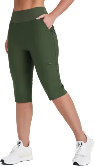 Long Hiking Shorts for Women Knee Length Below The Knee Shorts Quick Dry Golf Capris with Zipper Pockets Army Green Large