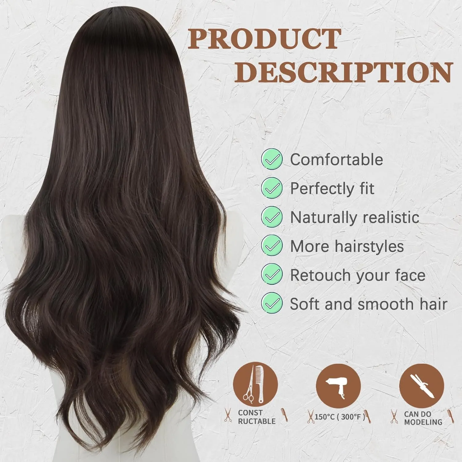 Long Wavy Wig for Women 26 Inch Middle Part Curly Wavy Wig Natural Looking Synthetic Heat Resistant Fiber Wig for Daily Party Use (Brown)