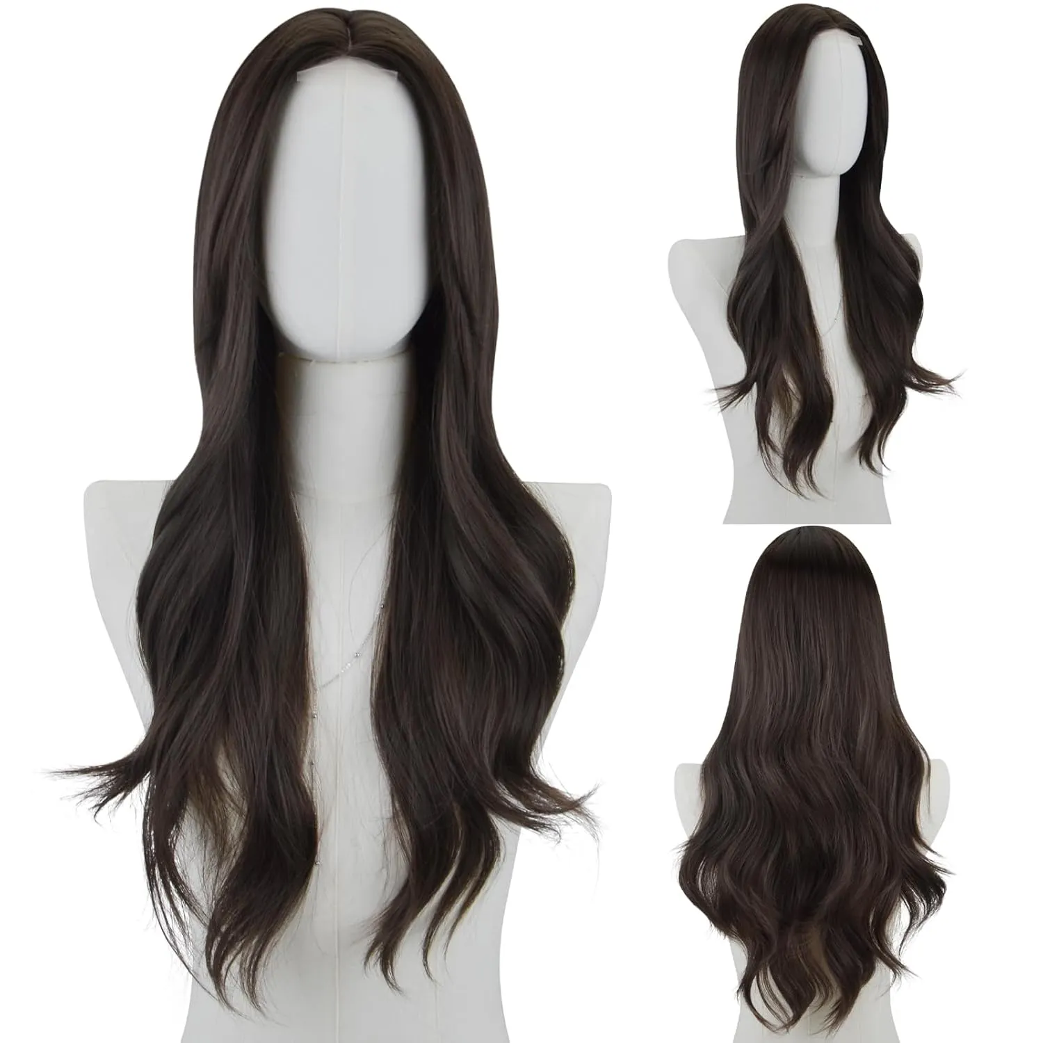 Long Wavy Wig for Women 26 Inch Middle Part Curly Wavy Wig Natural Looking Synthetic Heat Resistant Fiber Wig for Daily Party Use (Brown)