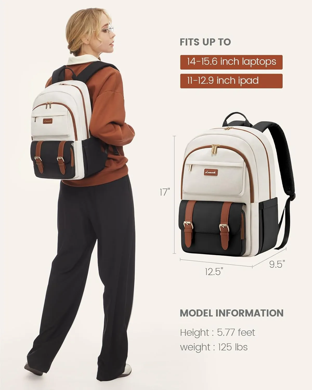 LOVEVOOK College Backpack for Women Fit 15.6 Inch Laptop, Cute Aesthetic Bag for 14-16 Year Olds, Large Capacity Travel Work Backpack Purse for Nurse Teacher, Black-White-Brown