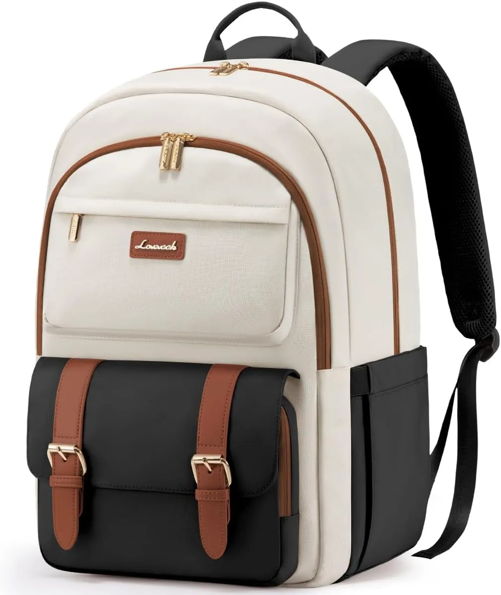 LOVEVOOK College Backpack for Women Fit 15.6 Inch Laptop, Cute Aesthetic Bag for 14-16 Year Olds, Large Capacity Travel Work Backpack Purse for Nurse Teacher, Black-White-Brown