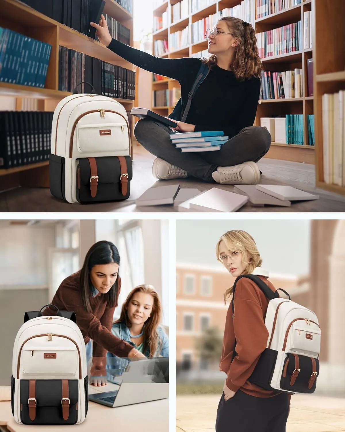 LOVEVOOK College Backpack for Women Fit 15.6 Inch Laptop, Cute Aesthetic Bag for 14-16 Year Olds, Large Capacity Travel Work Backpack Purse for Nurse Teacher, Black-White-Brown