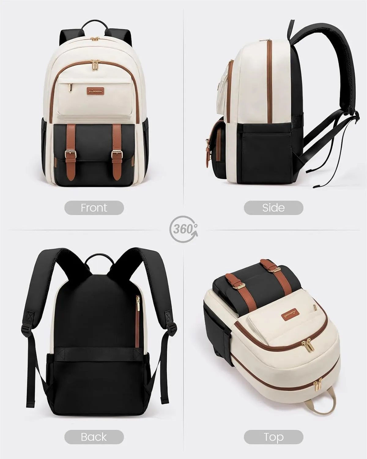 LOVEVOOK College Backpack for Women Fit 15.6 Inch Laptop, Cute Aesthetic Bag for 14-16 Year Olds, Large Capacity Travel Work Backpack Purse for Nurse Teacher, Black-White-Brown