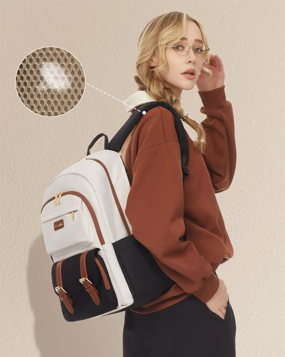 LOVEVOOK College Backpack for Women Fit 15.6 Inch Laptop, Cute Aesthetic Bag for 14-16 Year Olds, Large Capacity Travel Work Backpack Purse for Nurse Teacher, Black-White-Brown