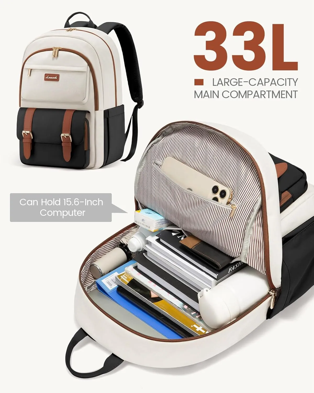 LOVEVOOK College Backpack for Women Fit 15.6 Inch Laptop, Cute Aesthetic Bag for 14-16 Year Olds, Large Capacity Travel Work Backpack Purse for Nurse Teacher, Black-White-Brown