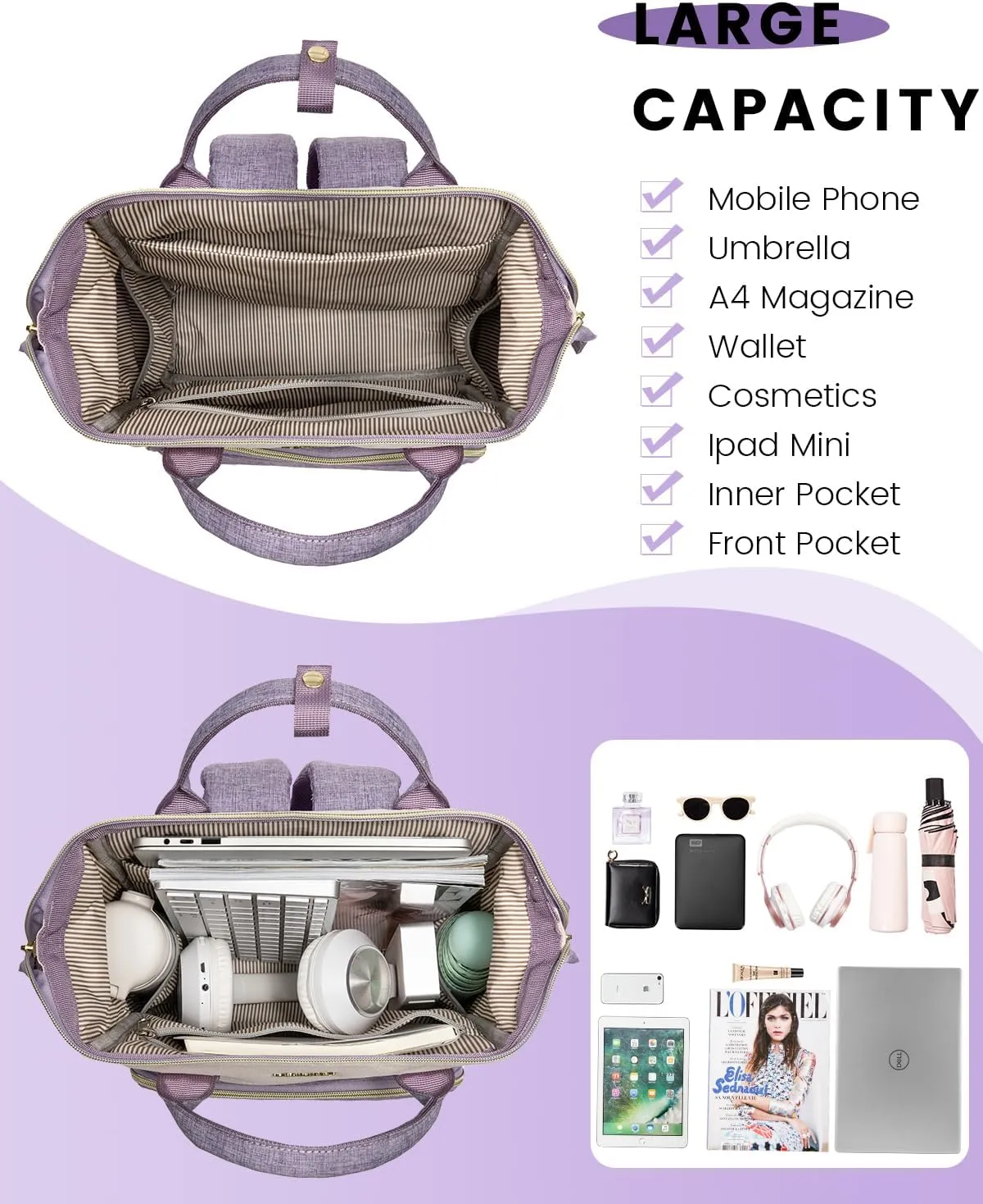 LOVEVOOK Mini Backpack for Women, Cute Small Backpacks Purse, Fashion Bag for Work Travel Gift, Lightweight Daypack, White-Purple