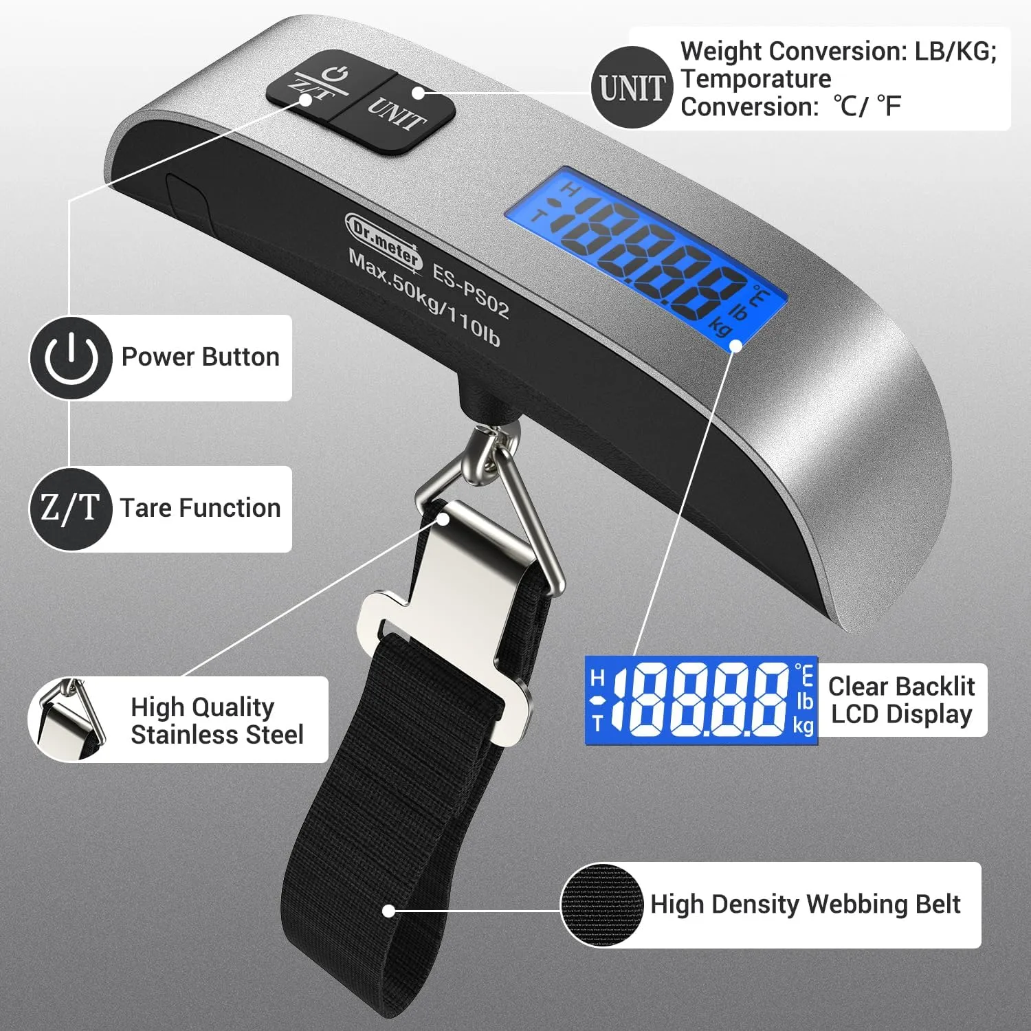 Luggage Scale 2 Pack Dr.meter Travel Essentials Backlight LCD Display 110lb/50kg Luggage Weight Scale Portable Handheld Scale with Rubber Paint, Temperature Sensor, Battery Included
