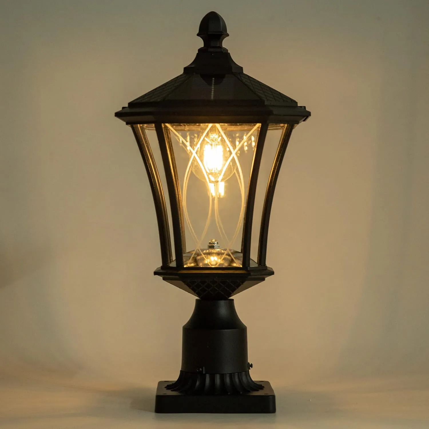 LUTEC Outdoor Solar Lamp Post Light with Pier Mount Base, Dusk to Dawn Waterproof Pole Light Head with Patterned Glass, Exterior Black Solar Powered Fence Post Light Fixtures for Outside
