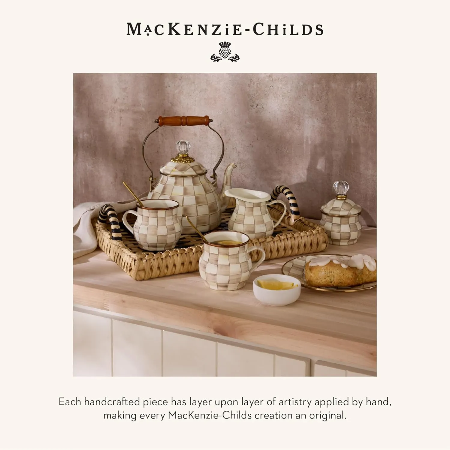 MACKENZIE-CHILDS Enamel Whistling Tea Kettle, Decorative Teapot for Stovetop, Brown-and-White Mocha Check