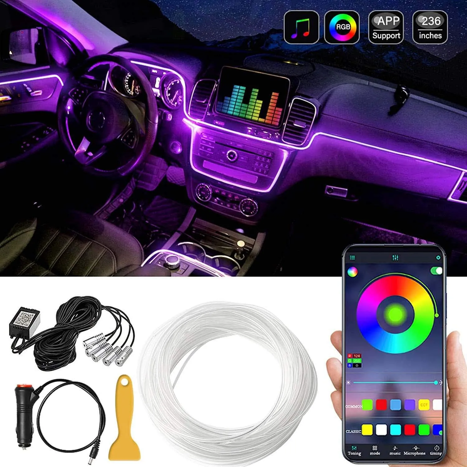 MAODANER Car LED Interior Strip Light, 16 Million Colors 5 in 1 with 236 inches Fiber Optic, Multicolor RGB Sound Active Automobile Atmosphere Ambient Lighting Kit - Wireless Bluetooth APP Control