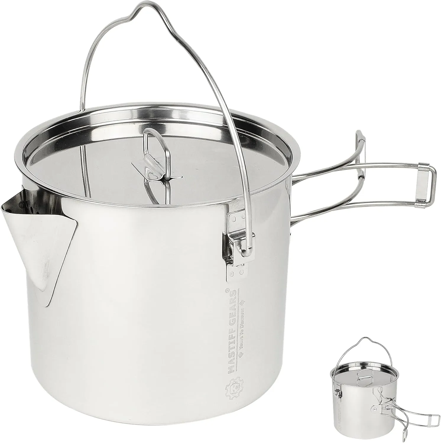 MASTIFF GEARS® 304 (18/8) Stainless Steel (FDA Compliant) 50 oz / 1.4 L Camping Kettle/Pot/Cup 3-in-1