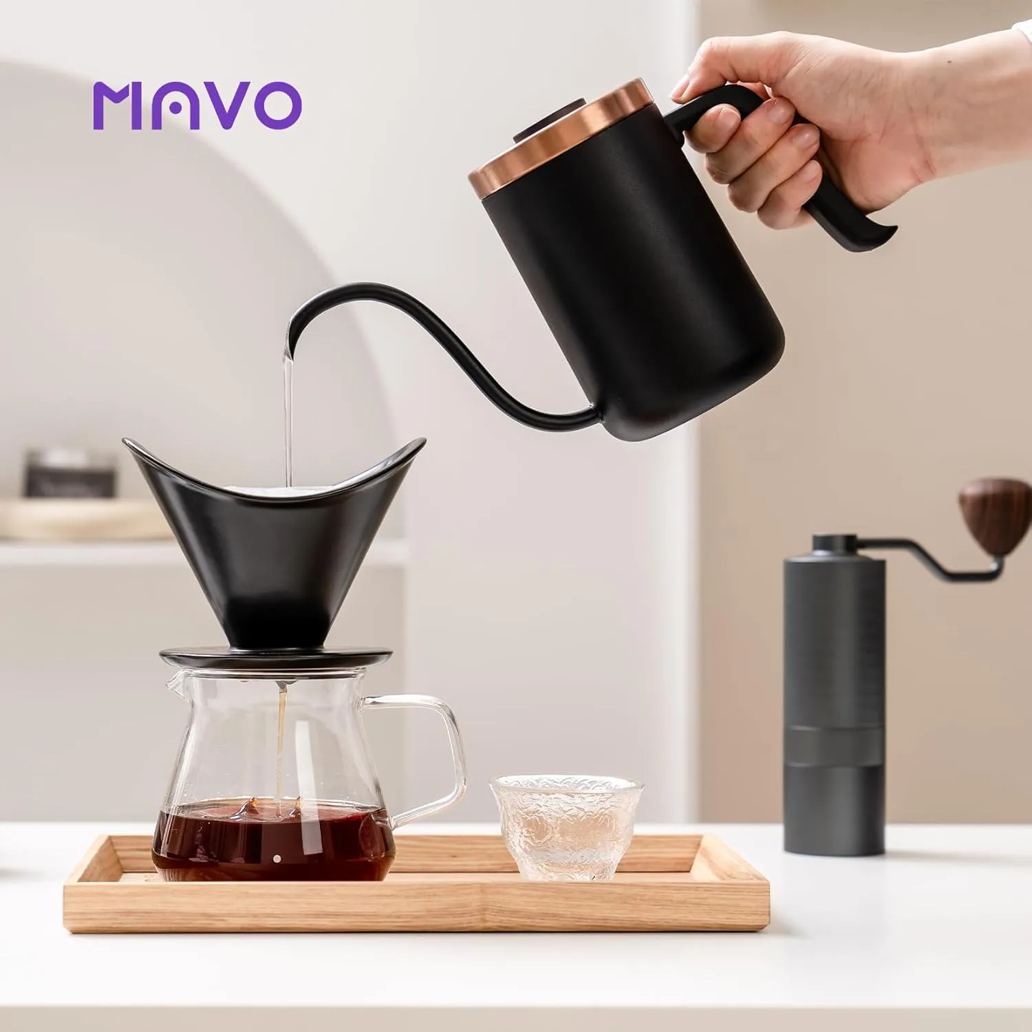 MAVO Pour Over Coffee Maker Set, 12 in 1 Set Box, Manual Coffee Grinder, Pour Over Kettle, Ceramic Pour Over Coffee Dripper with Tray, Glass Servers, Coffee Cup, Paper Filter, Black