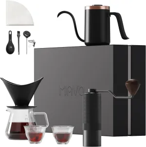 MAVO Pour Over Coffee Maker Set, 12 in 1 Set Box, Manual Coffee Grinder, Pour Over Kettle, Ceramic Pour Over Coffee Dripper with Tray, Glass Servers, Coffee Cup, Paper Filter, Black