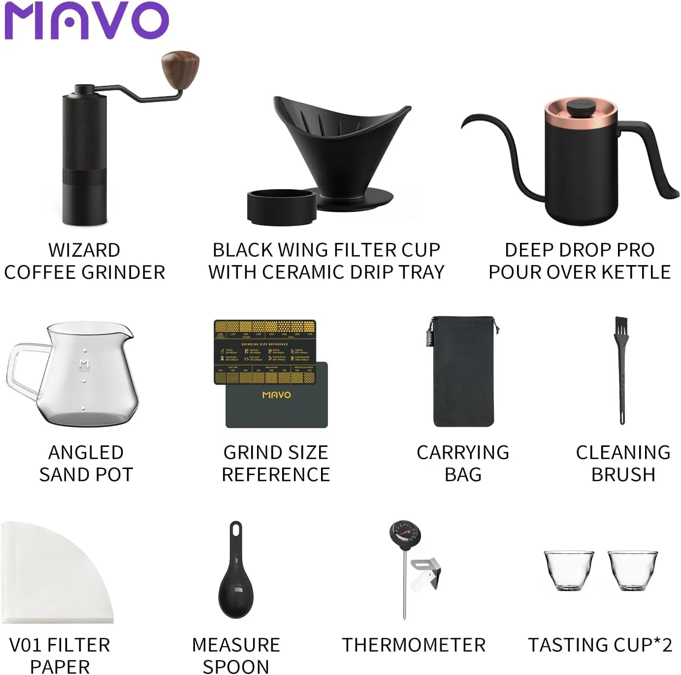 MAVO Pour Over Coffee Maker Set, 12 in 1 Set Box, Manual Coffee Grinder, Pour Over Kettle, Ceramic Pour Over Coffee Dripper with Tray, Glass Servers, Coffee Cup, Paper Filter, Black