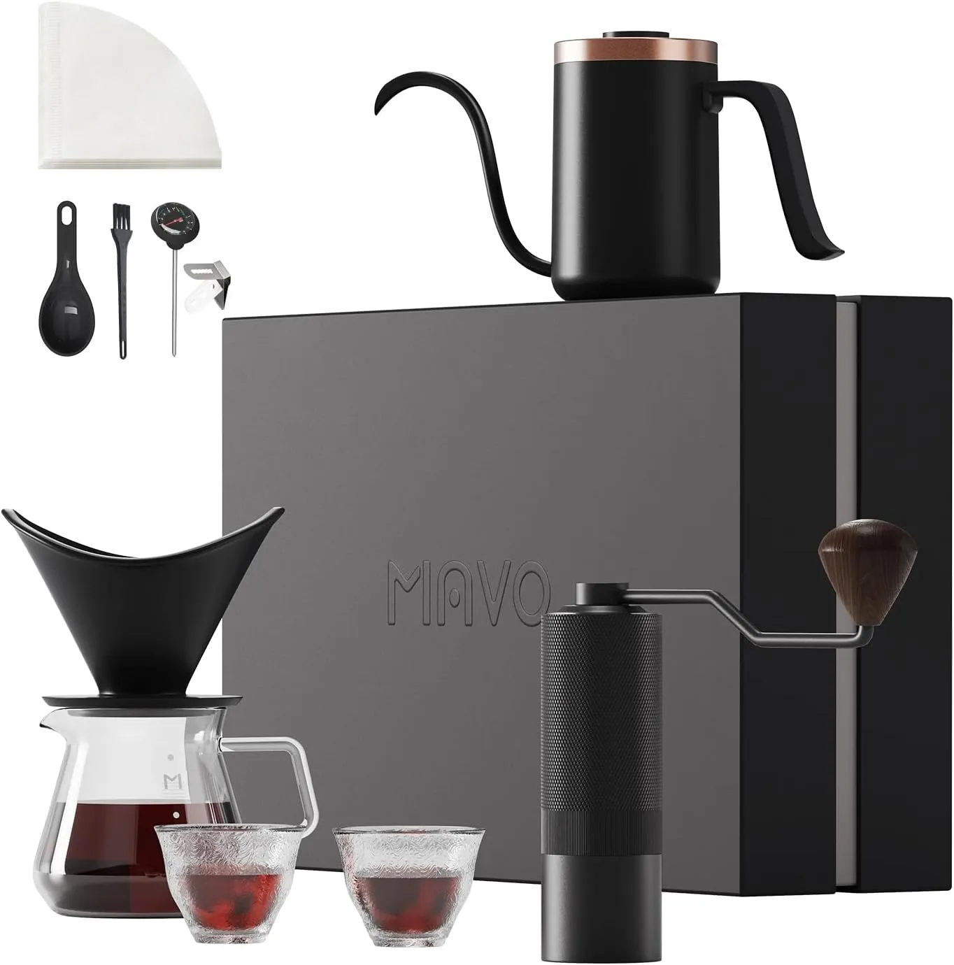 MAVO Pour Over Coffee Maker Set, 12 in 1 Set Box, Manual Coffee Grinder, Pour Over Kettle, Ceramic Pour Over Coffee Dripper with Tray, Glass Servers, Coffee Cup, Paper Filter, Black