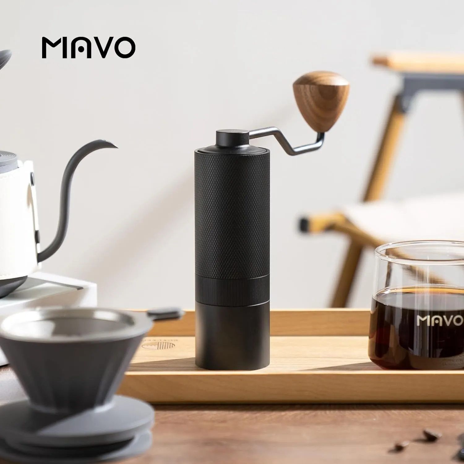 MAVO Pour Over Coffee Maker Set, 12 in 1 Set Box, Manual Coffee Grinder, Pour Over Kettle, Ceramic Pour Over Coffee Dripper with Tray, Glass Servers, Coffee Cup, Paper Filter, Black