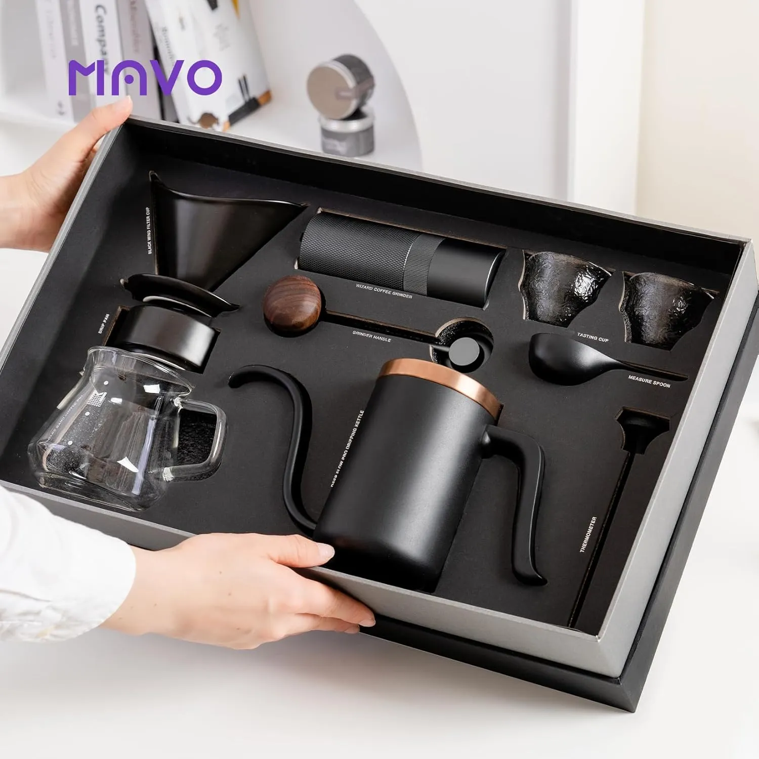 MAVO Pour Over Coffee Maker Set, 12 in 1 Set Box, Manual Coffee Grinder, Pour Over Kettle, Ceramic Pour Over Coffee Dripper with Tray, Glass Servers, Coffee Cup, Paper Filter, Black
