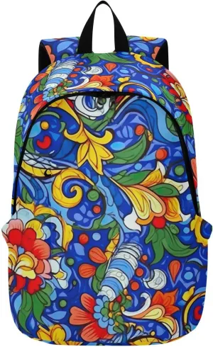 MCHIVER Travel Backpack Blue Boho Flowers Casual Daypack Backpacks Lightweight Carry on Bag Water Resistant Hiking Backpack for Women Men