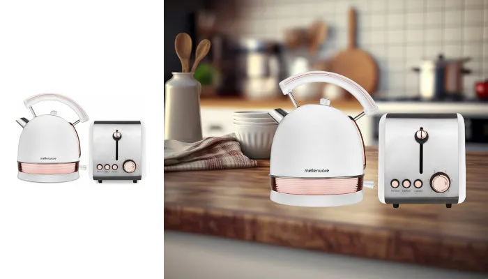 Mellerware Pack 2 Piece Set Stainless Steel White Kettle And Toaster Rose Gold