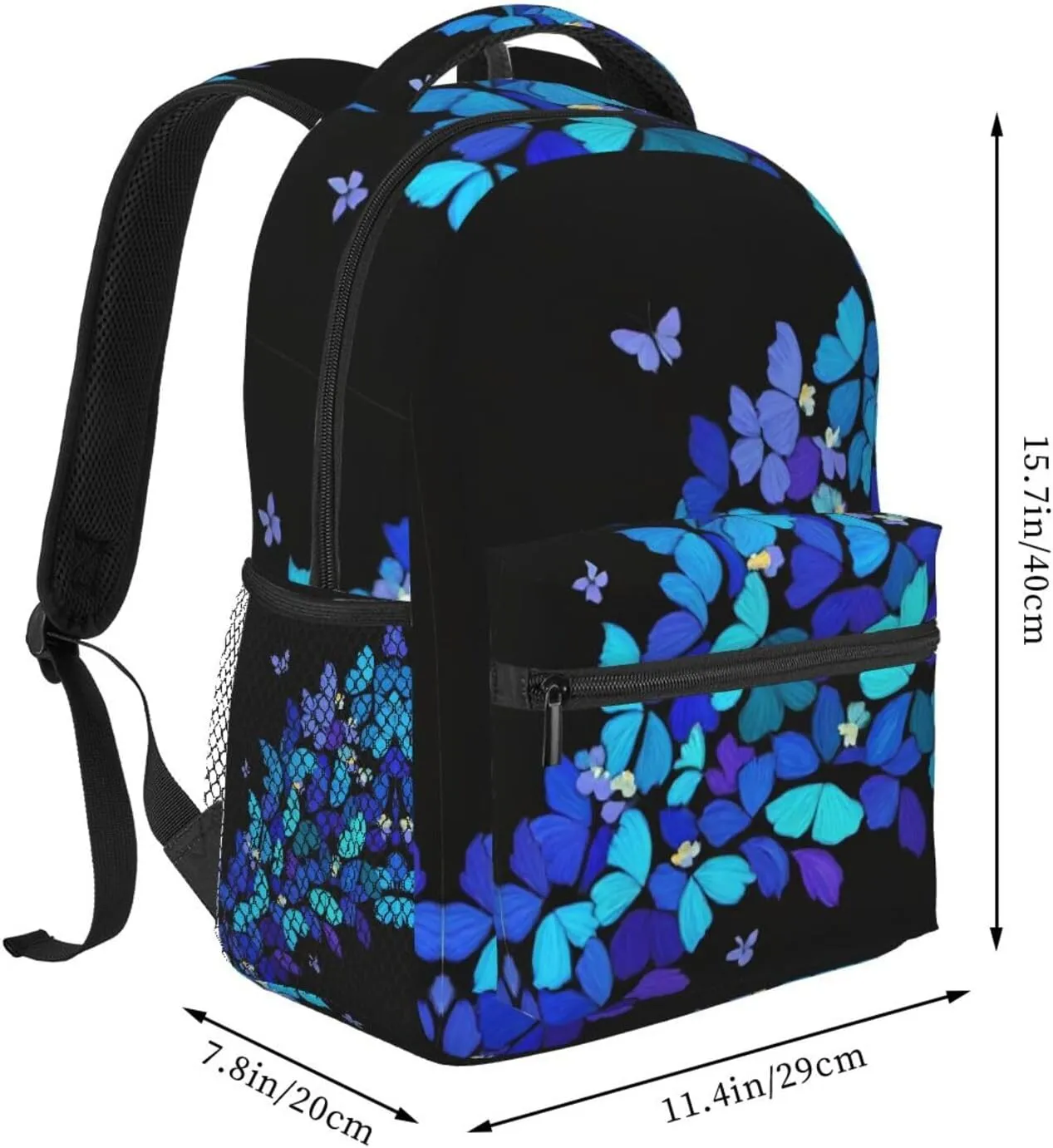 Men Women Lightweight Blue Butterflies Art Daypack Bookbag Big Capacity Carry On Bag With Side Pockets for Camping Travel Bicycle