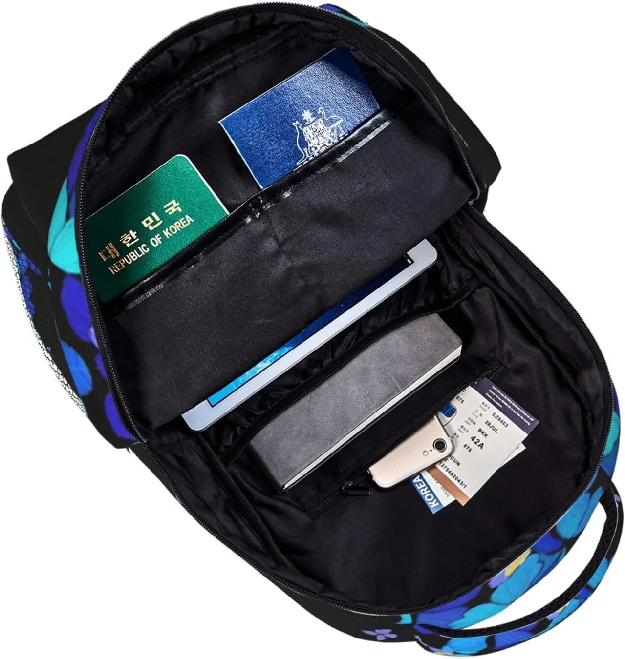 Men Women Lightweight Blue Butterflies Art Daypack Bookbag Big Capacity Carry On Bag With Side Pockets for Camping Travel Bicycle