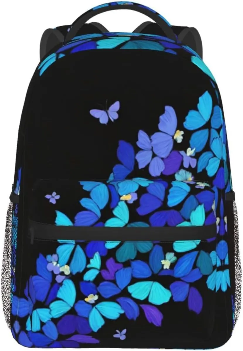 Men Women Lightweight Blue Butterflies Art Daypack Bookbag Big Capacity Carry On Bag With Side Pockets for Camping Travel Bicycle