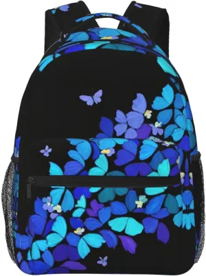 Men Women Lightweight Blue Butterflies Art Daypack Bookbag Big Capacity Carry On Bag With Side Pockets for Camping Travel Bicycle