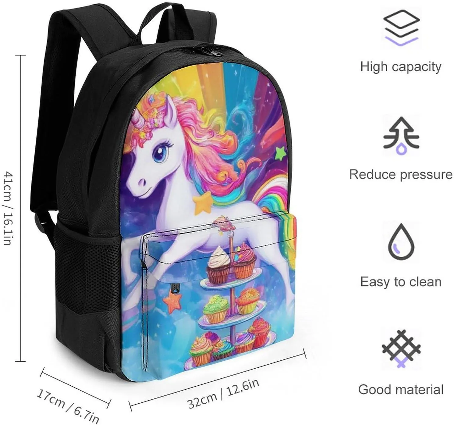 Men Women Lightweight Cute Cartoon Unicorns Rainbow Art Backpack Large Capacity Bookbag With Smooth Zippers for Gym Business Running