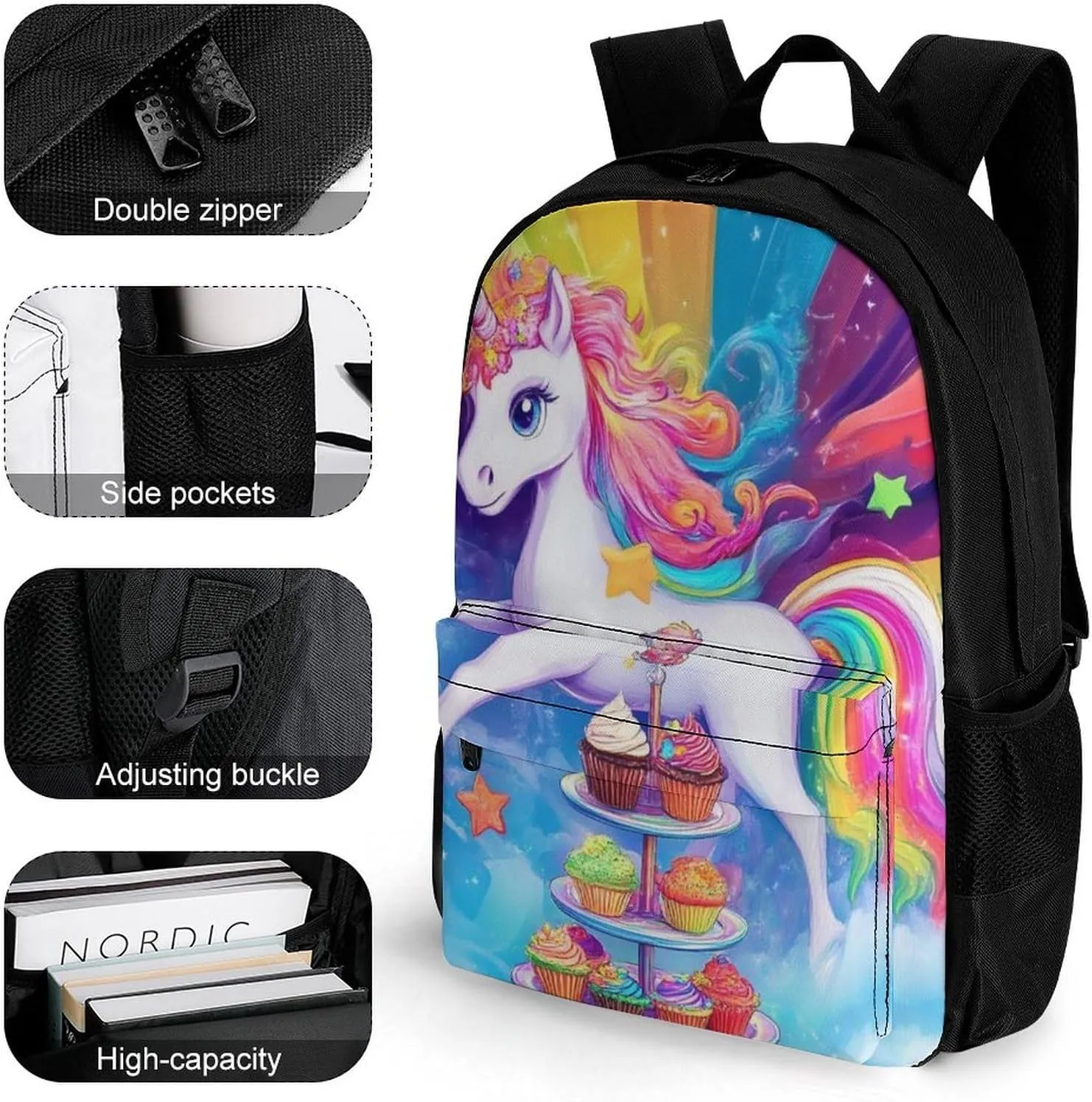 Men Women Lightweight Cute Cartoon Unicorns Rainbow Art Backpack Large Capacity Bookbag With Smooth Zippers for Gym Business Running