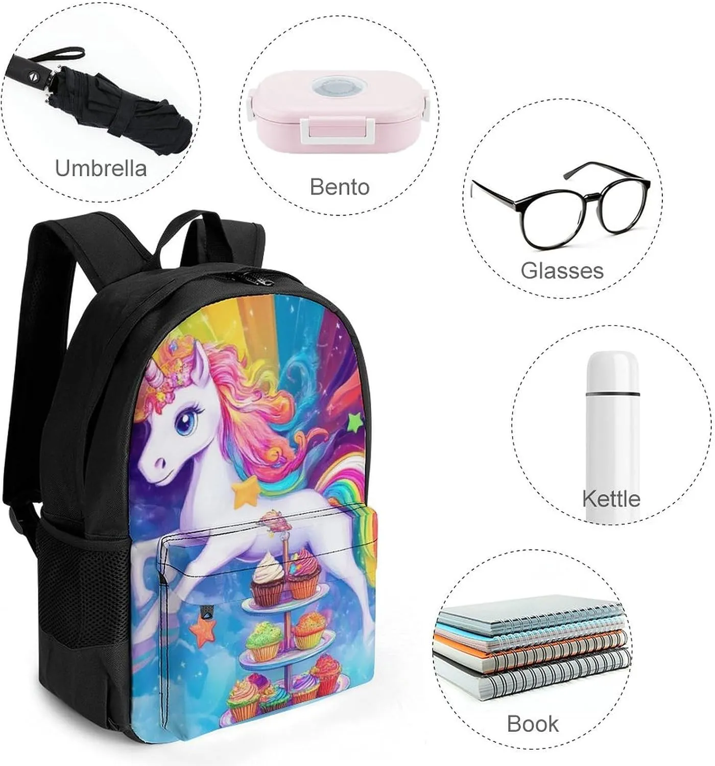 Men Women Lightweight Cute Cartoon Unicorns Rainbow Art Backpack Large Capacity Bookbag With Smooth Zippers for Gym Business Running