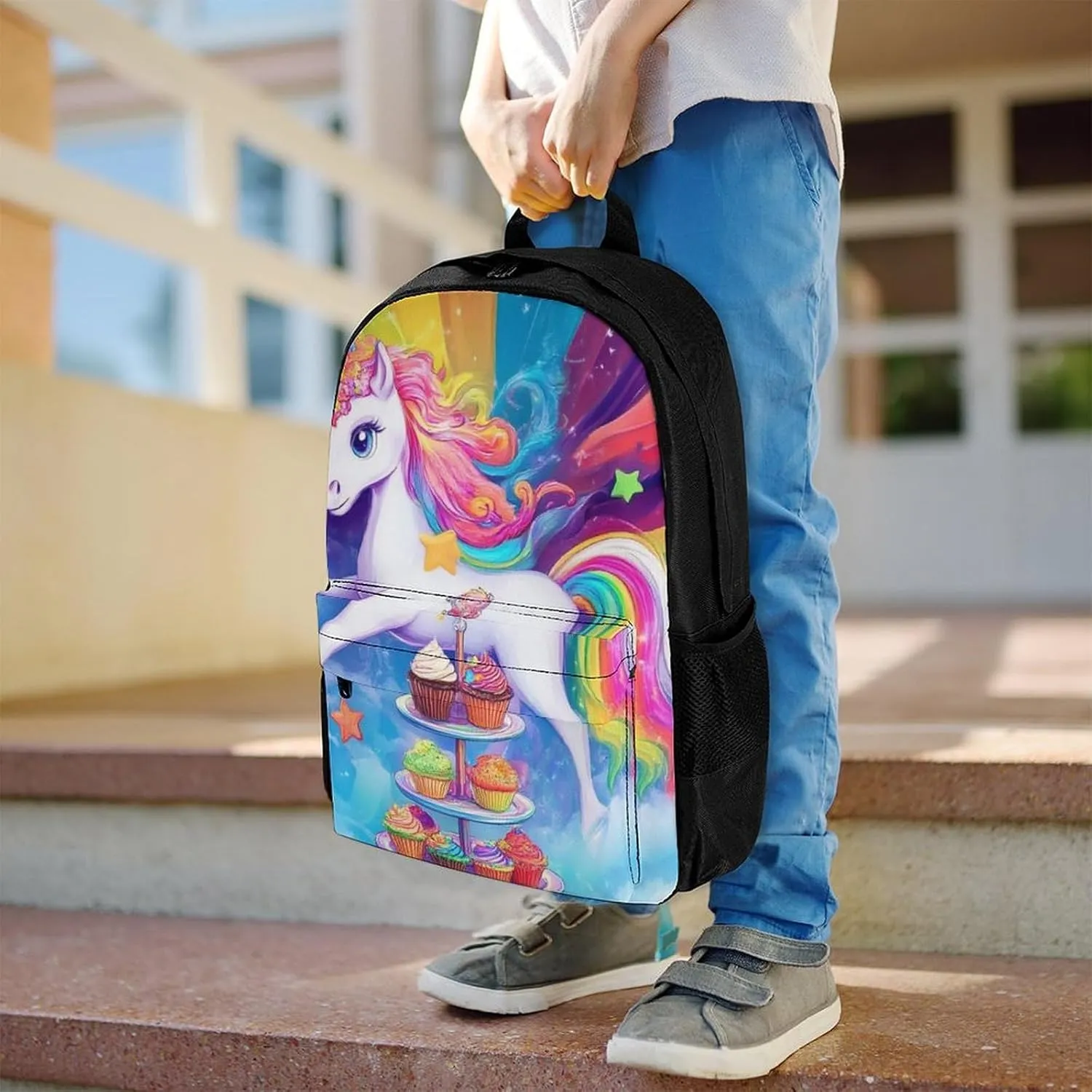 Men Women Lightweight Cute Cartoon Unicorns Rainbow Art Backpack Large Capacity Bookbag With Smooth Zippers for Gym Business Running