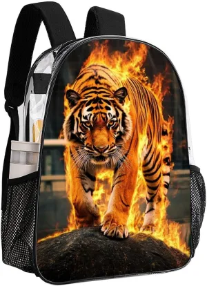 Men Women Lightweight Fire Flame Tiger Daypack Bookbag Big Capacity Carry On Bag Transparent Bag for Camping Travel Bicycle