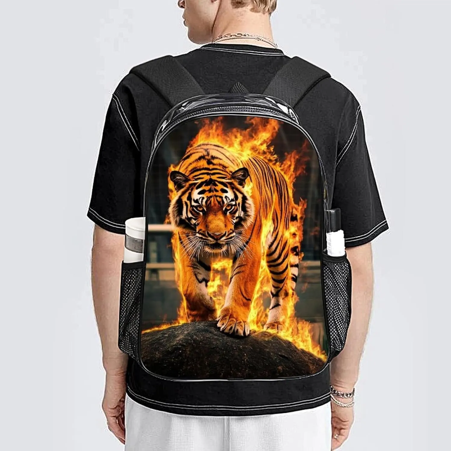 Men Women Lightweight Fire Flame Tiger Daypack Bookbag Big Capacity Carry On Bag Transparent Bag for Camping Travel Bicycle