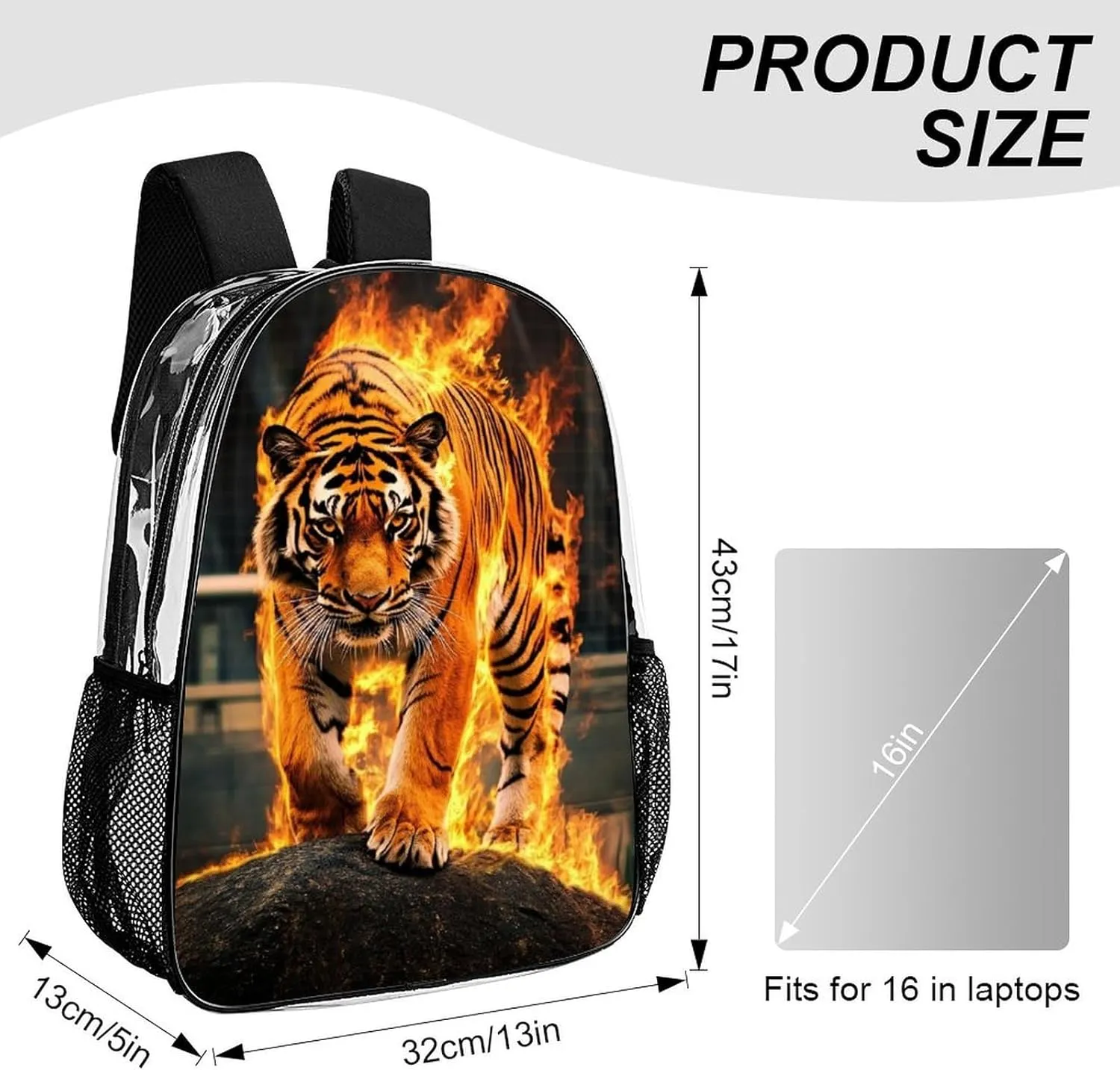 Men Women Lightweight Fire Flame Tiger Daypack Bookbag Big Capacity Carry On Bag Transparent Bag for Camping Travel Bicycle